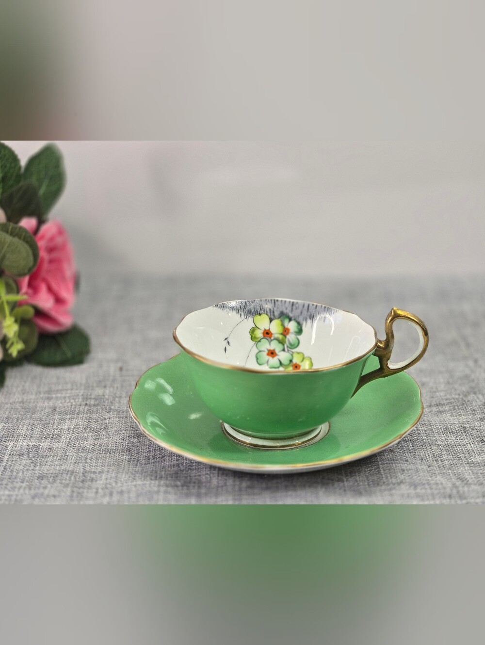 Antique Royal Albert Crown China Teacup Saucer Green Gold Art Deco A602 c. 1917